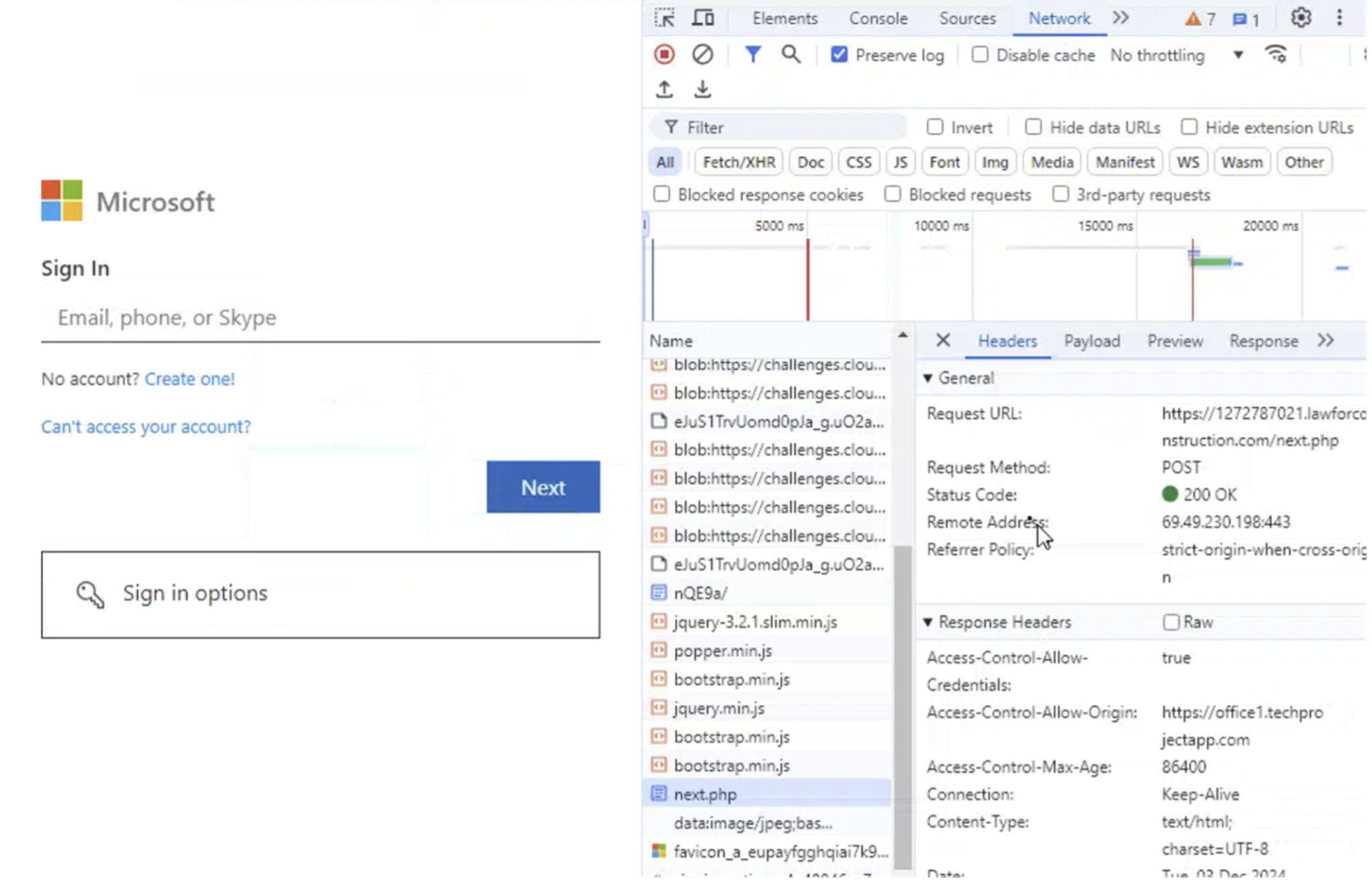 Figure 7: A developer browser view of a FlowerStorm phishing page