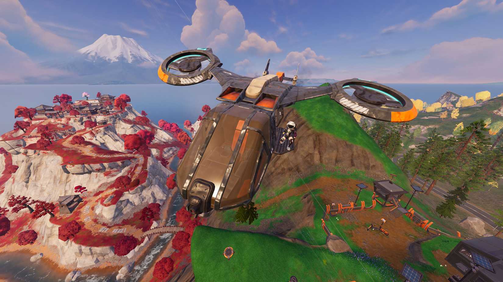 A Fortnite character sitting on the side of a Hammerhead Choppa without a pilot.