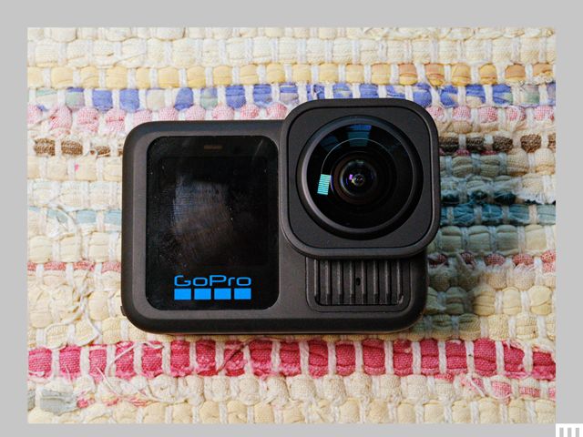 The GoPro Hero 13 Black, a small camera with a  digital screen on the left and a square lens on the right