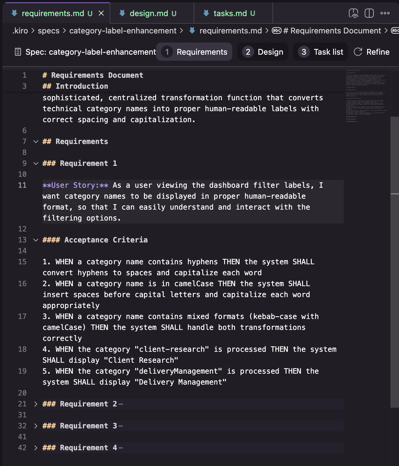 A screenshot of a Kiro requirements document