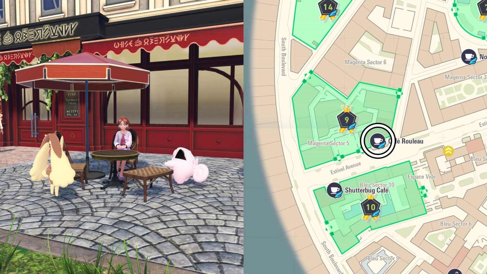 Chou sitting at a table outside Café Rouleau in Pokémon Legends: Z-A.