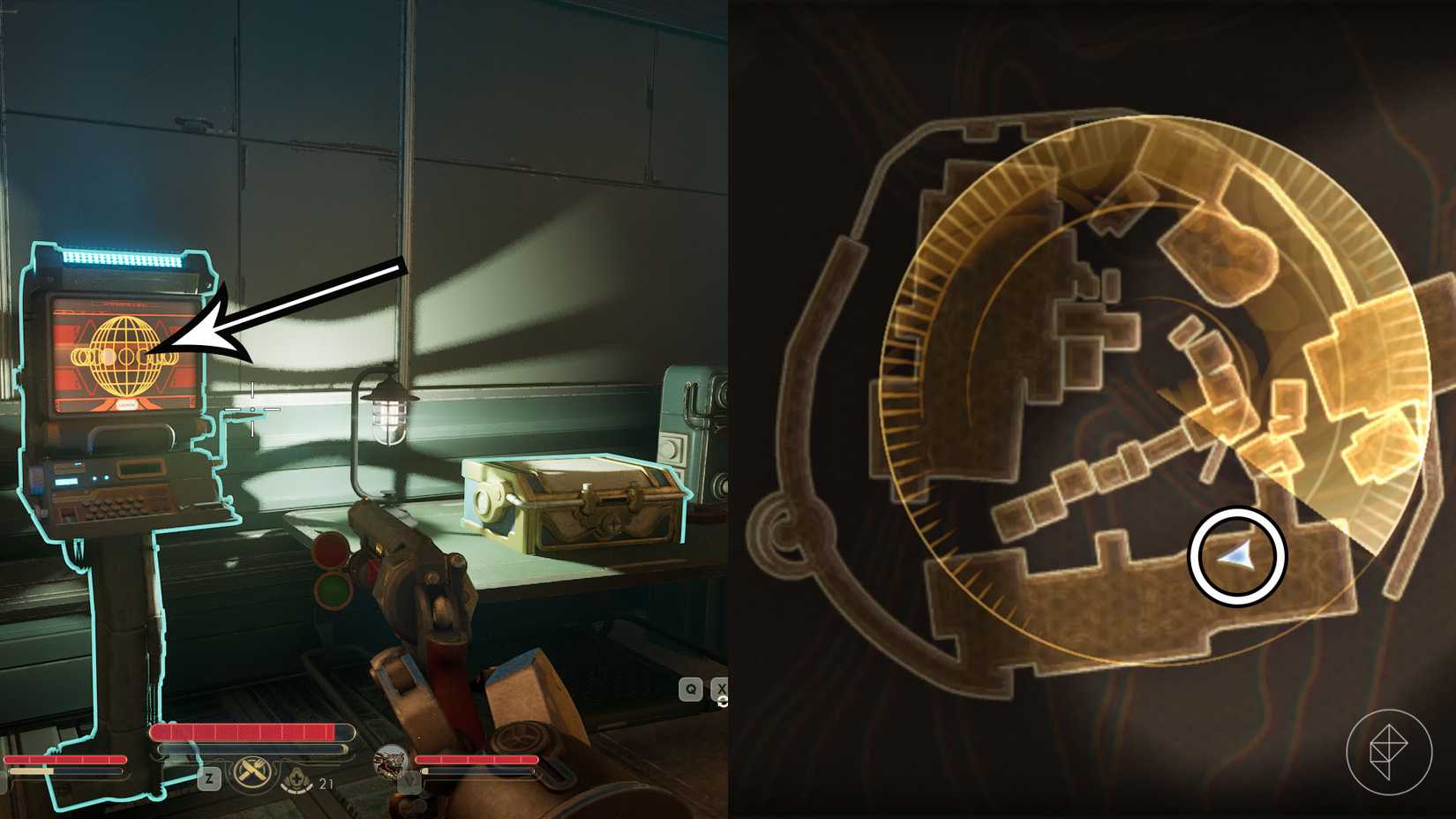 A montage of two The Outer Worlds 2 screenshots showing where to find the clue number 1 in the Arbitrary Measures quest