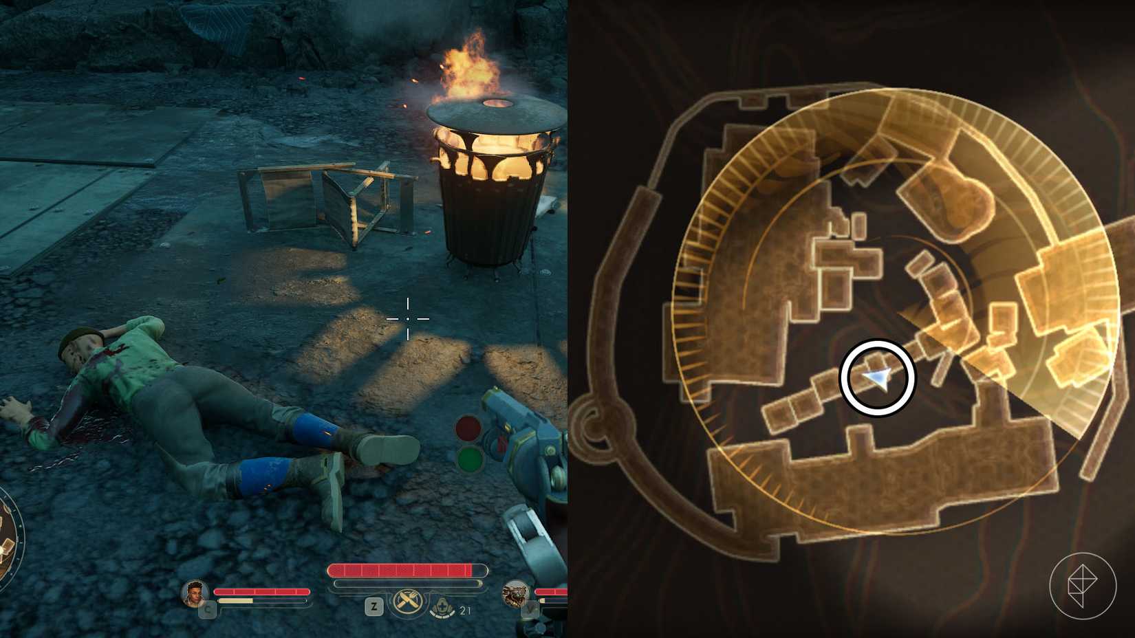 A montage of two The Outer Worlds 2 screenshots showing where to find the clue number 2 in the Arbitrary Measures quest