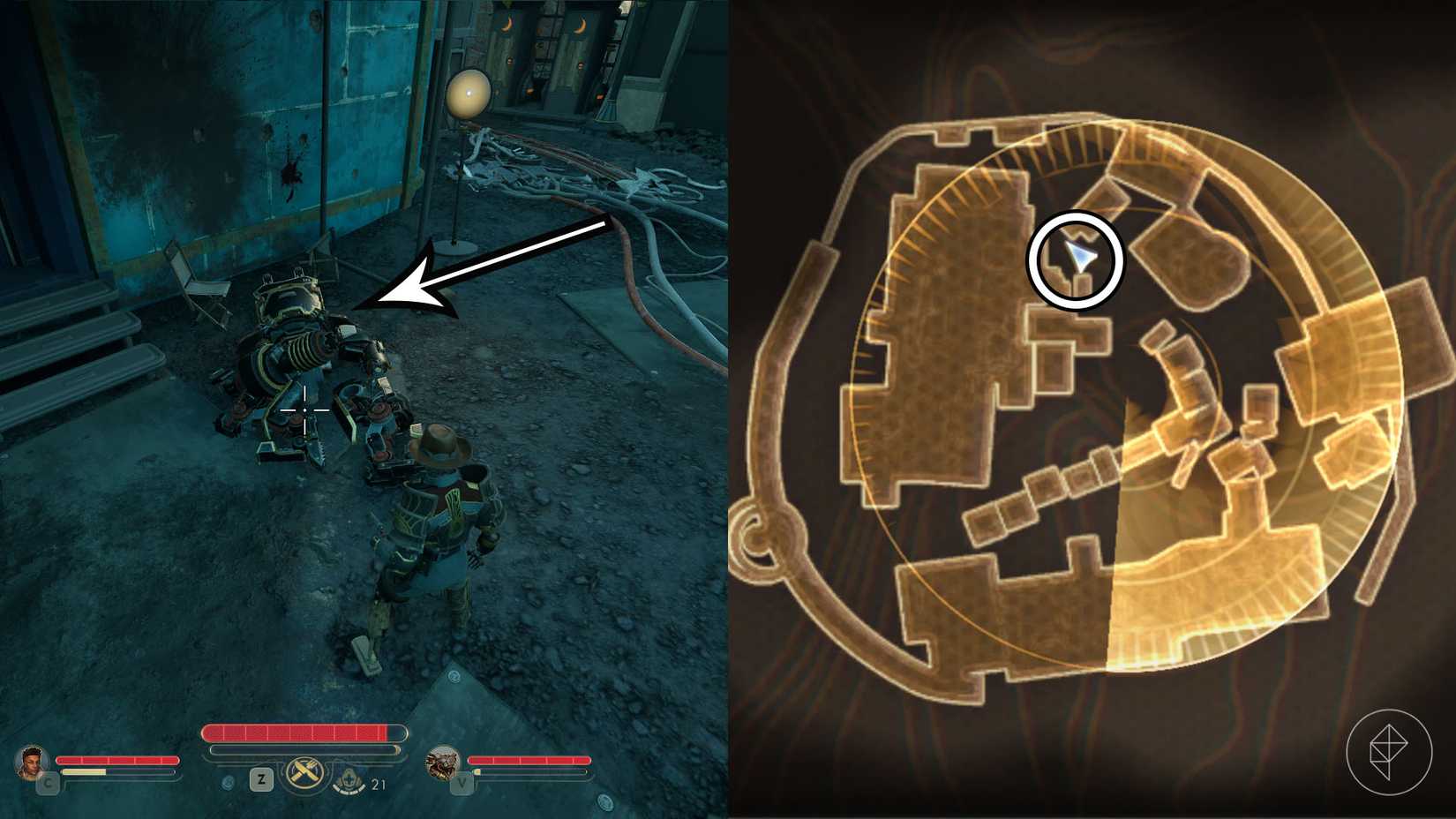 A montage of two The Outer Worlds 2 screenshots showing where to find the clue number 4 in the Arbitrary Measures quest