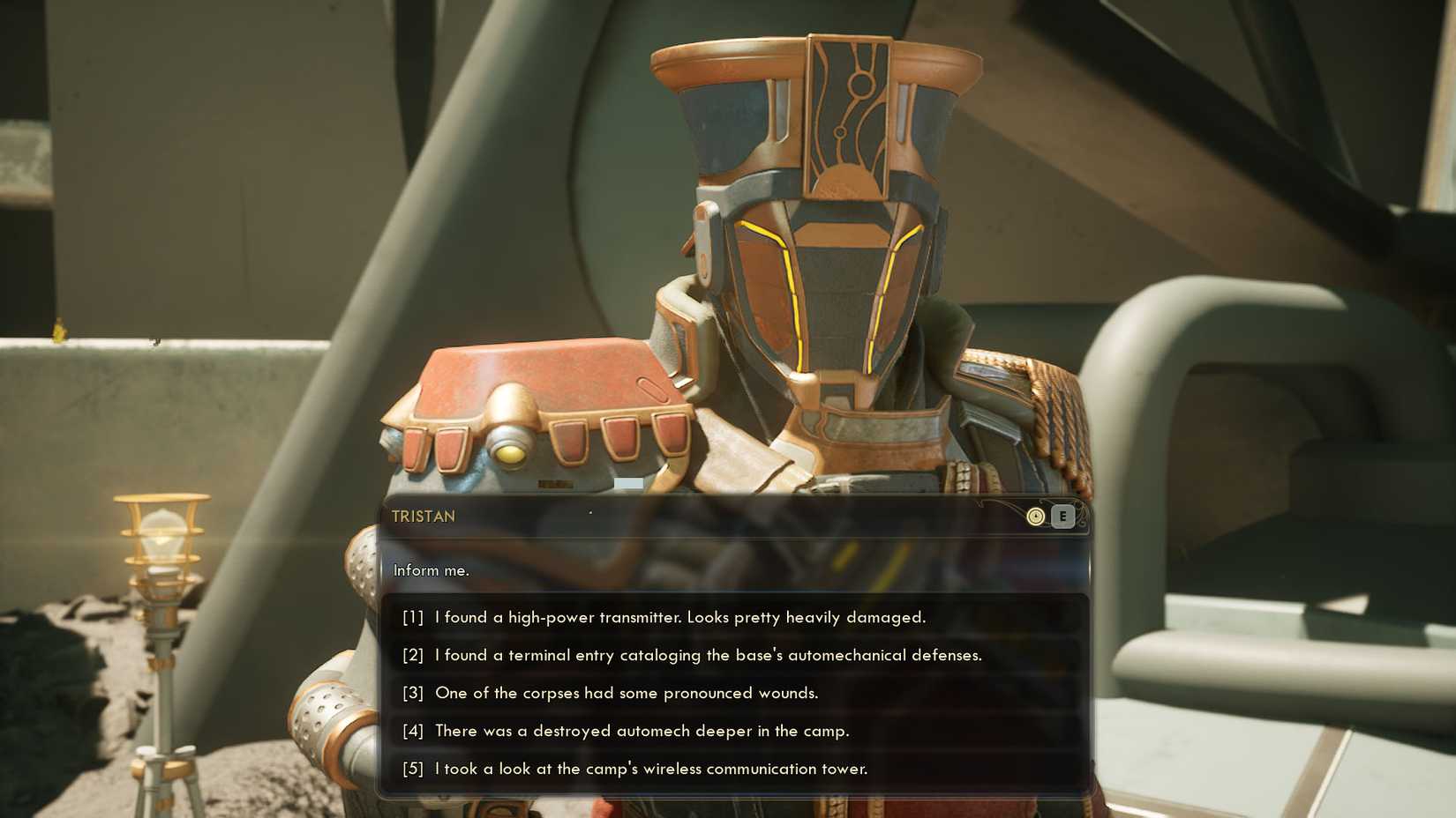 A The Outer Worlds 2 screenshot showing all the dialogue options that appear when talking to Tristan after finding the five clues in the "Arbitrary Measures" side quest