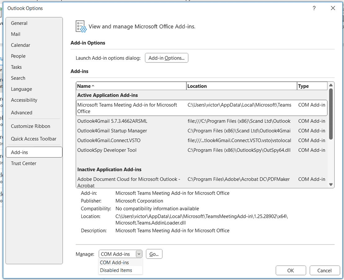 Disabling Add-ins in Outlook