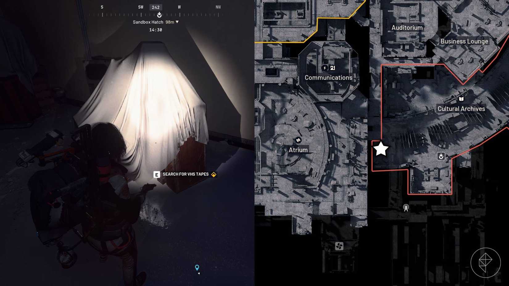 The left-hand side of the image shows the player in Arc Raiders interacting with the prompt for the Movie Night quest while the right-hand side of the image shows the location highlighted with a star on the in-game map.